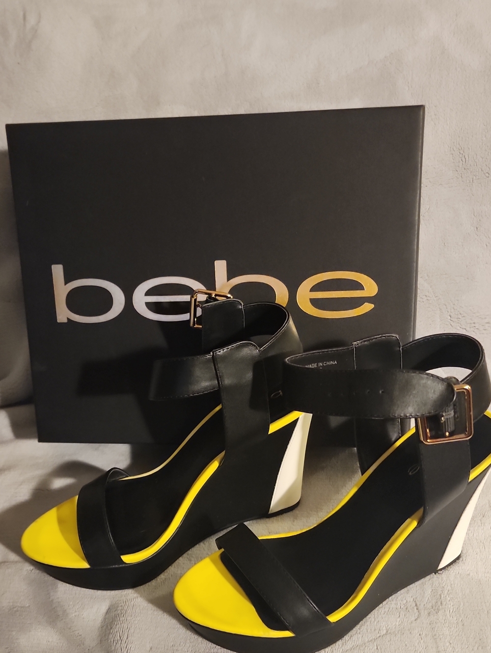 bebe Black, Yellow and White Wedge Sandals